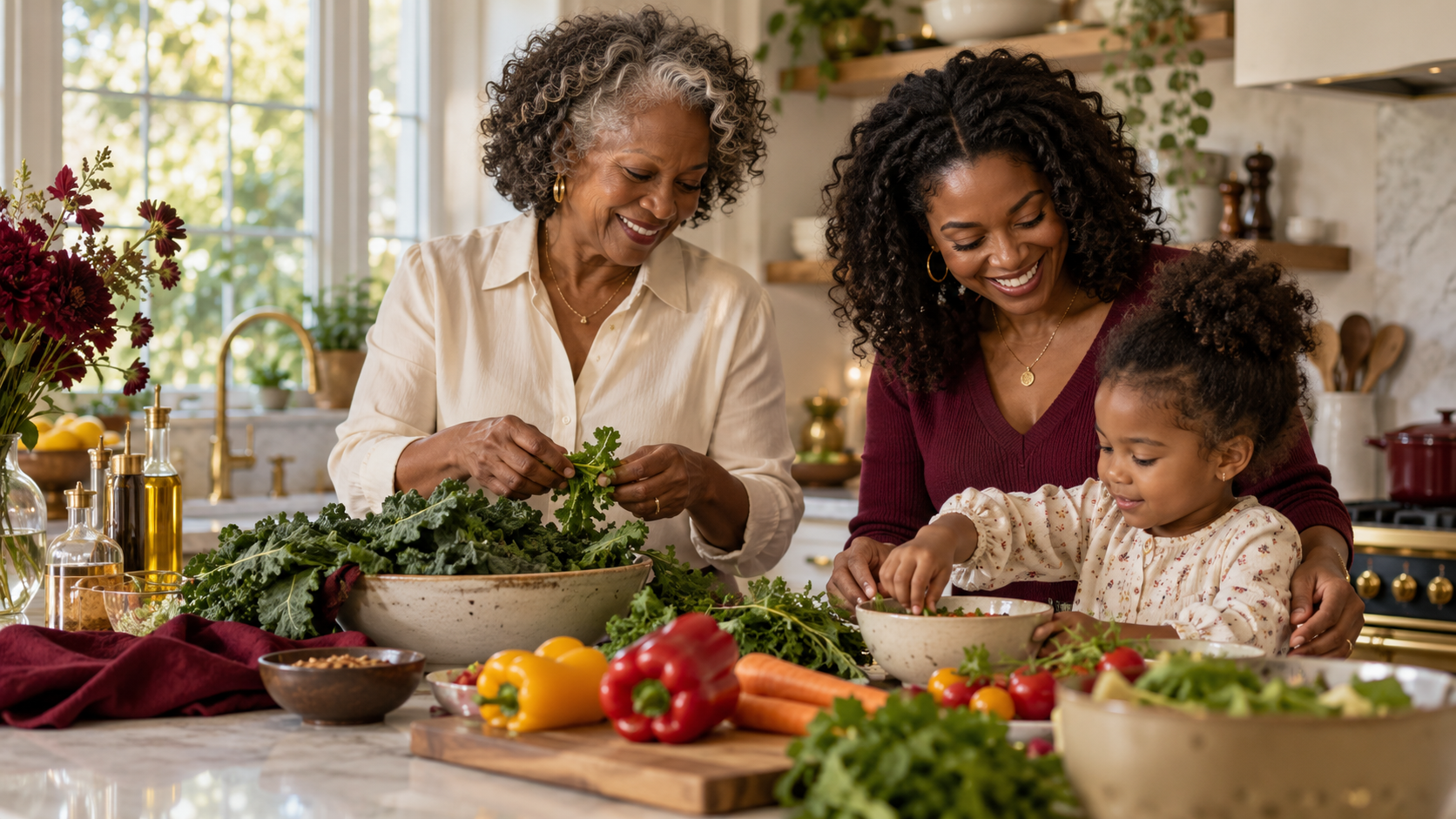 Illustrative photograph of an experienced Black Auntie, a mother and child preparing a meal together.